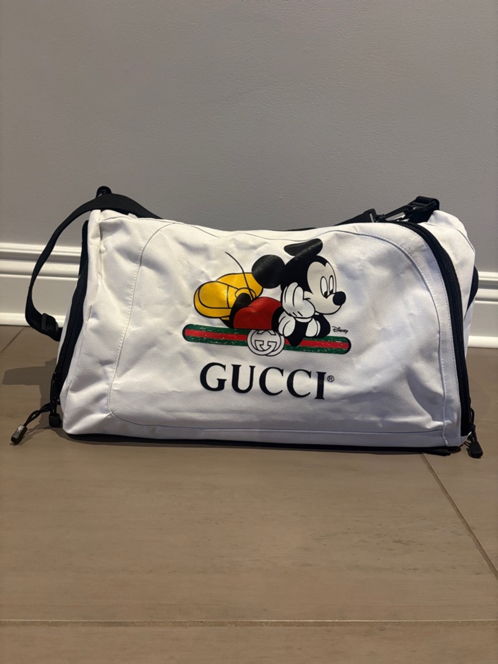 White Canvas Duffel with Mickey Mouse Graphic and Black Trim